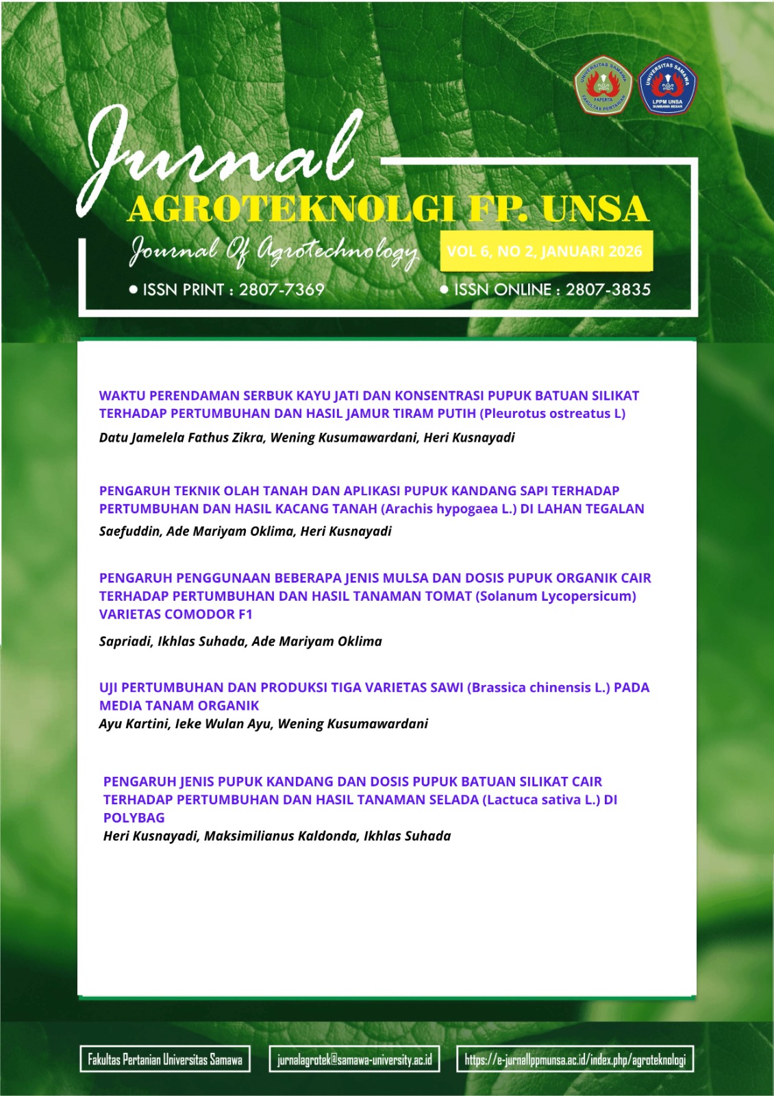 					View Vol. 6 No. 1 (2026): JURNAL AGROTEKNOLOGI
				