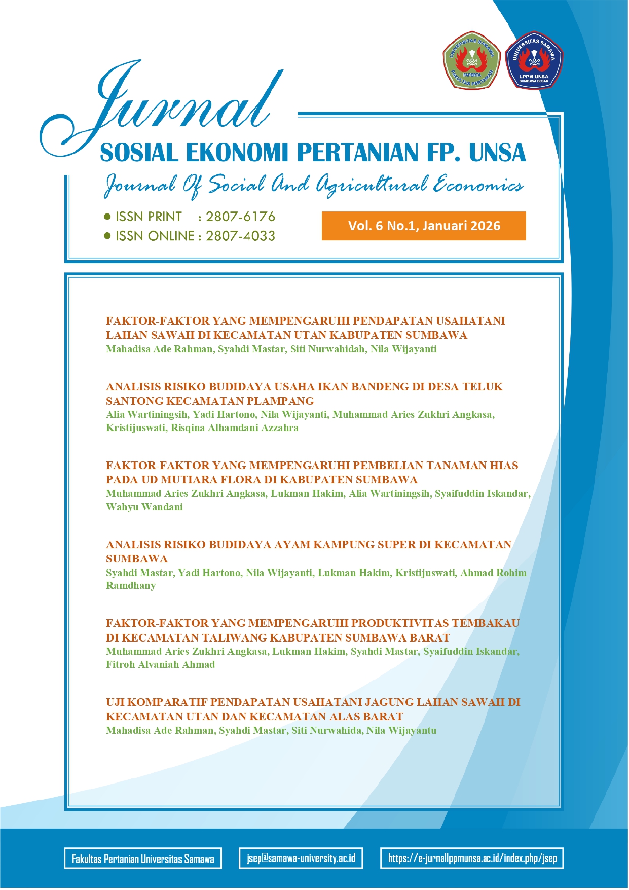 					View Vol. 6 No. 1 (2026): Jurnal Sosial Ekonomi Pertanian
				